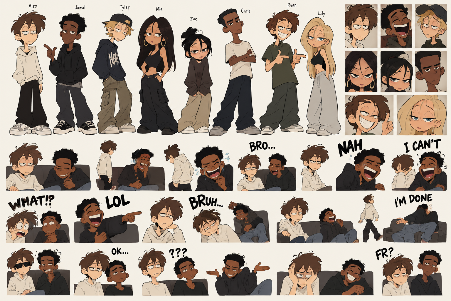 BACKFABLESの8人。左からAlex、Jamal、Tyler、Mia、Zoe、Chris、Ryan、Lily