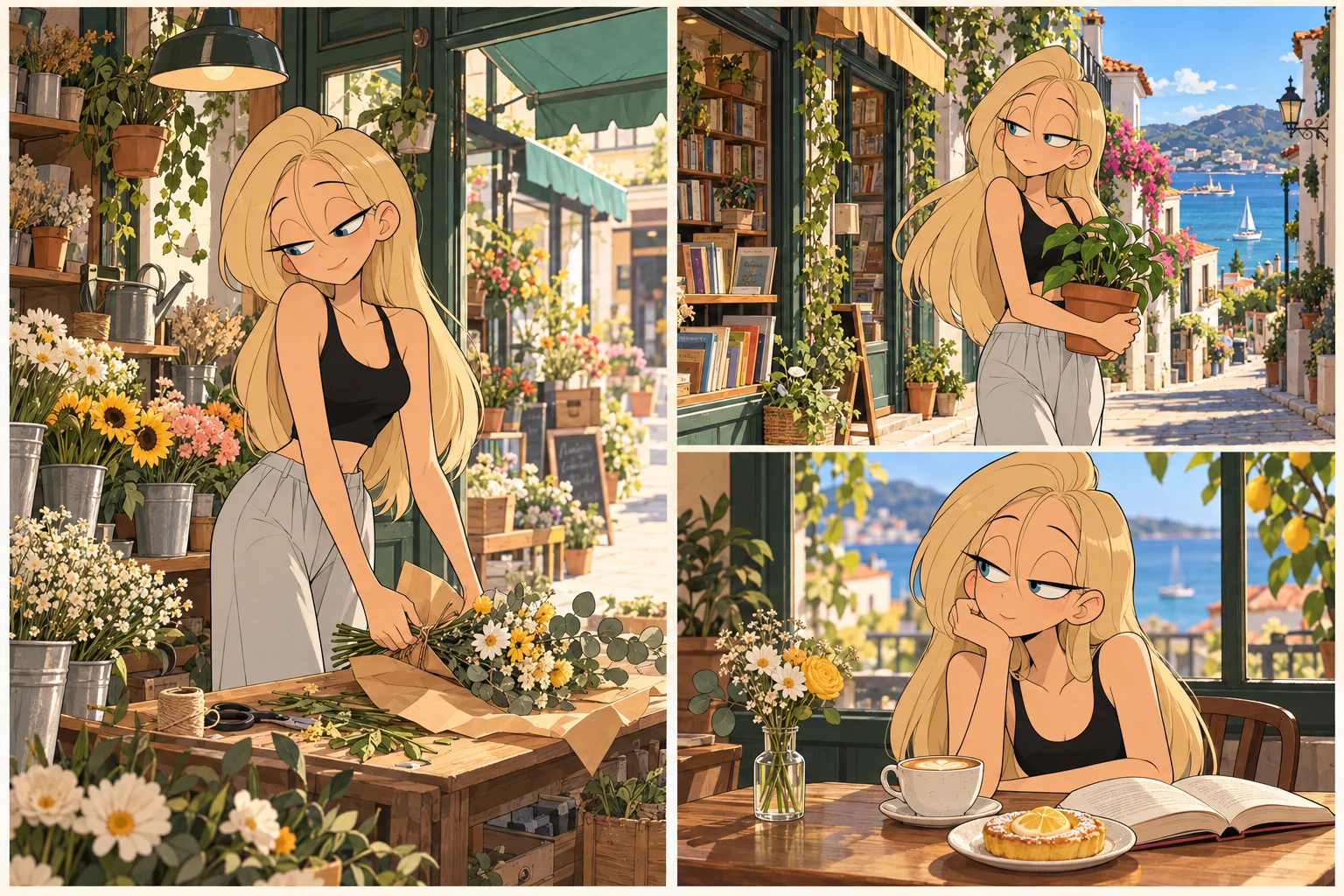 Lilyの日常イラスト。花の向きを、少しだけ。 小さな鉢を抱えて、町を歩く。 短い茎も、今日のテーブルに。