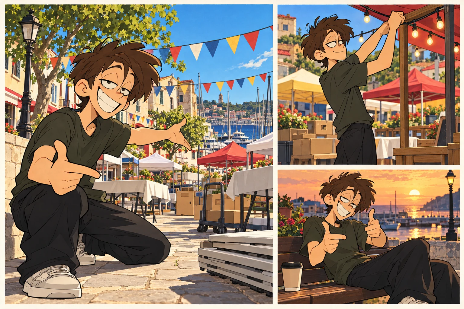Ryanの日常イラスト。こっちこっち、もうすぐ始まる！ ライトを掛けたら、あと少し。 写真を向けられたら、ついポーズ。
