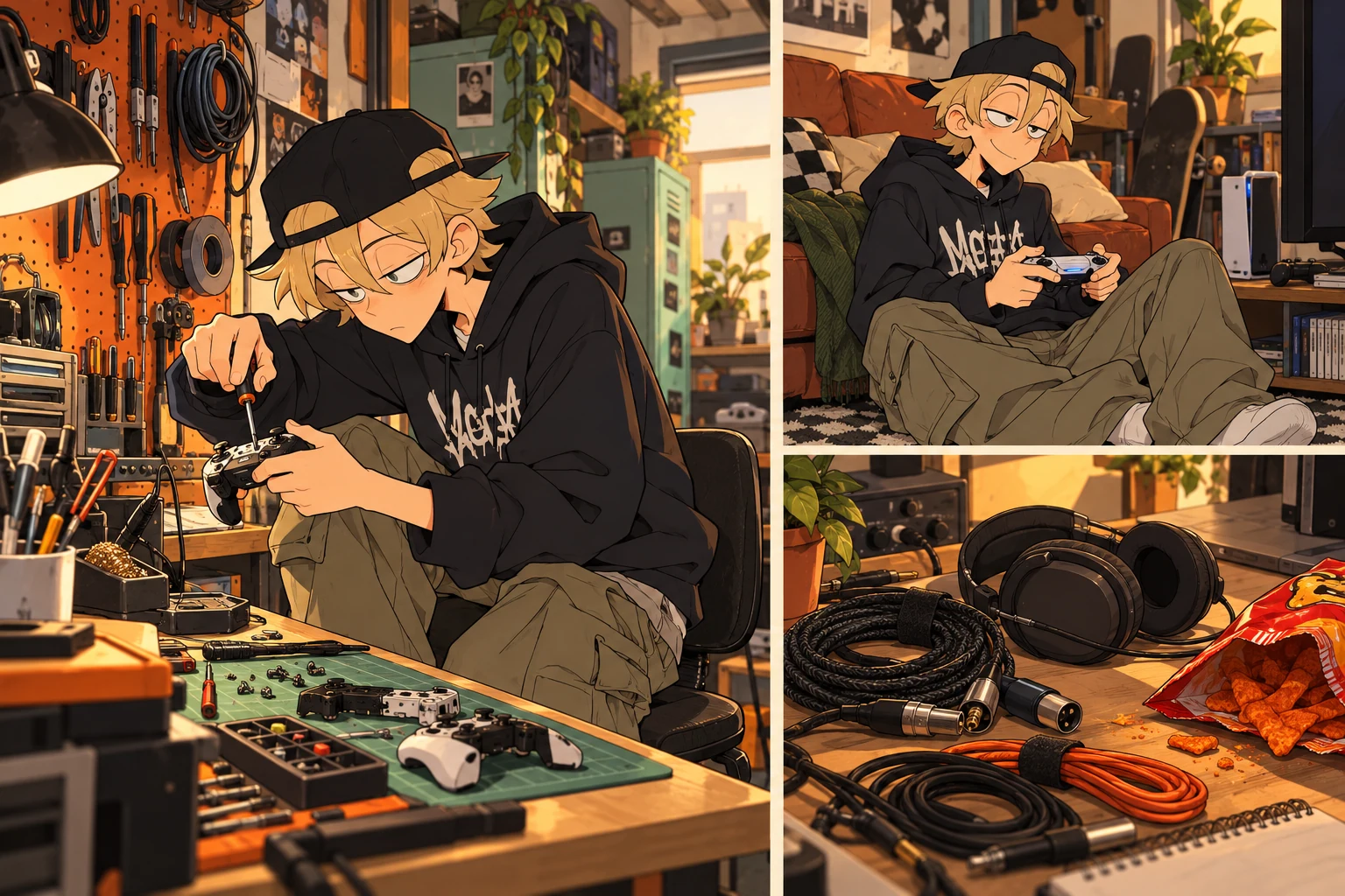 Tylerの日常イラスト。修理台に向かうと、目つきが変わる。 もう一回。今度こそ。 音と配線と、辛いスナック。